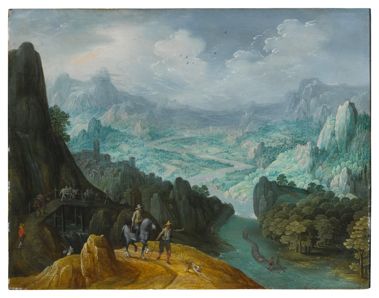 MOUNTAINOUS RIVER LANDSCAPE WITH TRAVELERS by Tobias Verhaecht