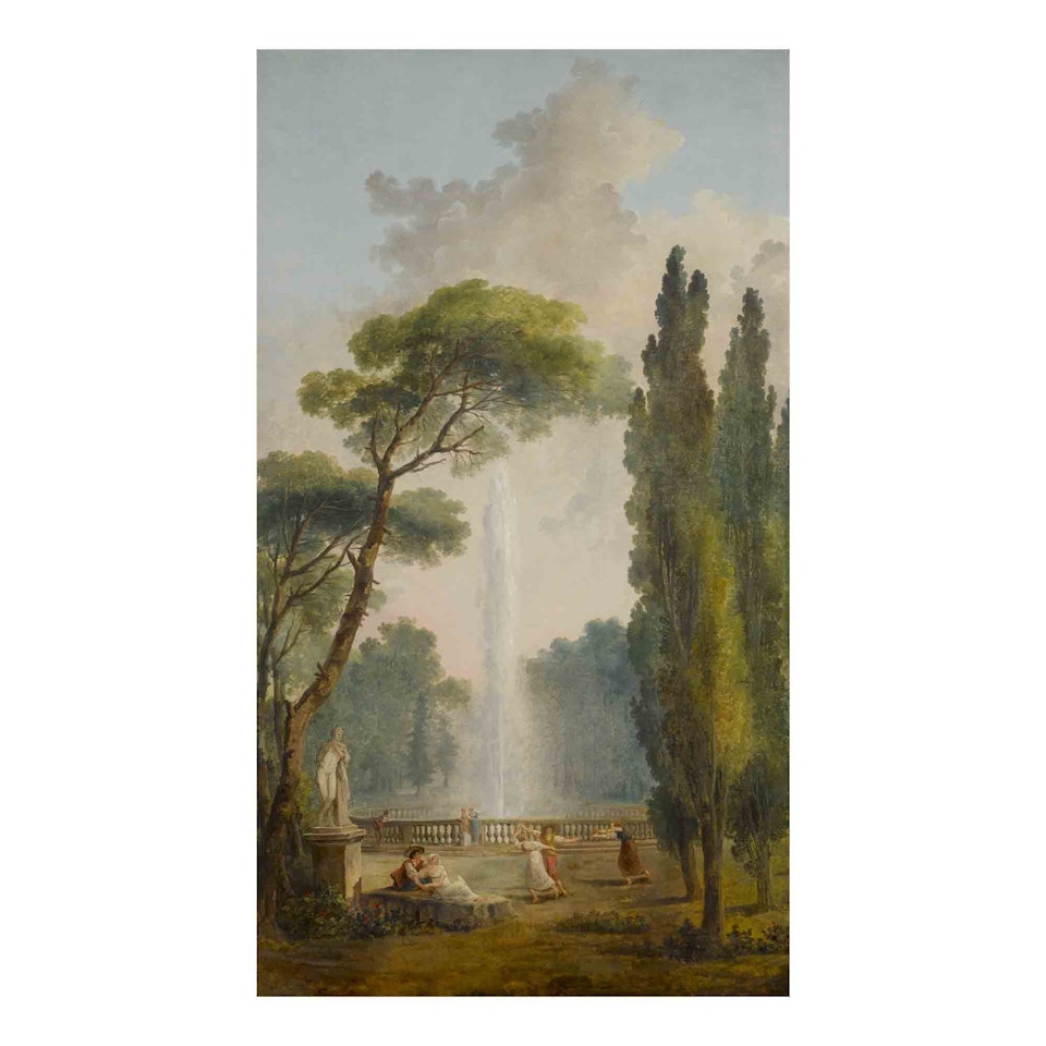 View of a garden with a large fountain at center and figures relaxing and dancing in the foreground by Hubert Robert