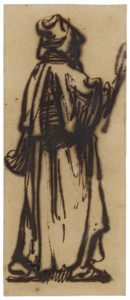 A standing woman with a basket, advancing to the right by Attributed to Rembrandt Harmensz van Rijn