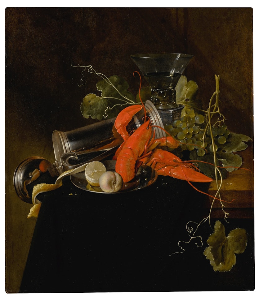 Still life with two lobsters, an overturned tankard, a berkemeier glass, grapes, and a lemon by Jan Davidsz de Heem