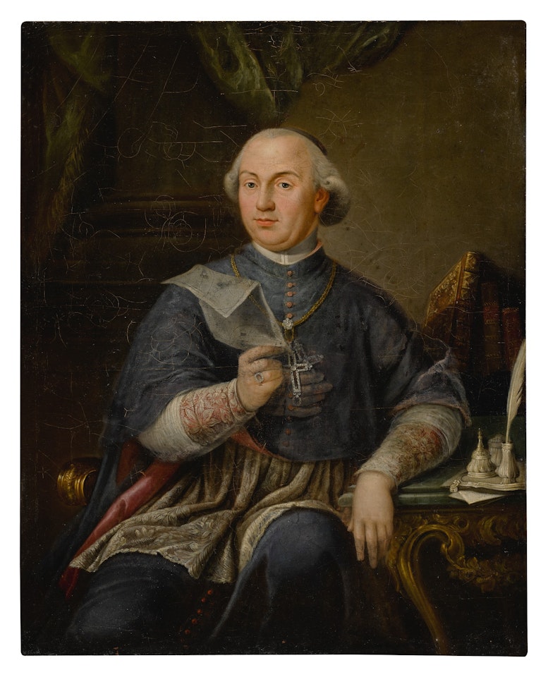 Portrait of a prelate, half-length, seated at a writing table and holding a piece of paper by Italian School