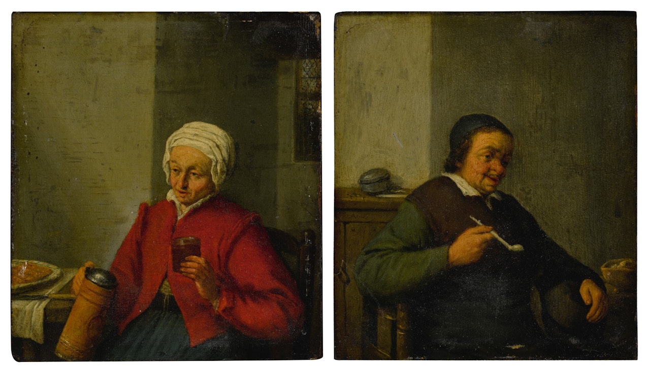 A man smoking in an interior; A woman holding a jug and a cup by Adriaen van Ostade
