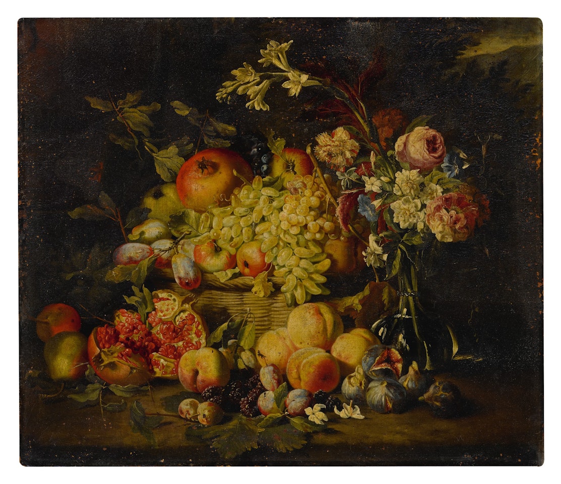 Still life of flowers and fruits, including pomegranates, peaches, and grapes by Abraham Brueghel
