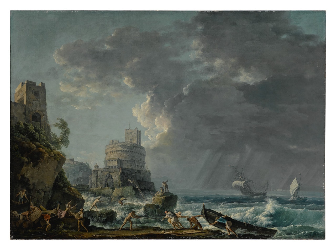 A storm off a rocky coast, with a shipwreck in the foreground and a fort on the rocky shoreline above  by Carlo Bonavia