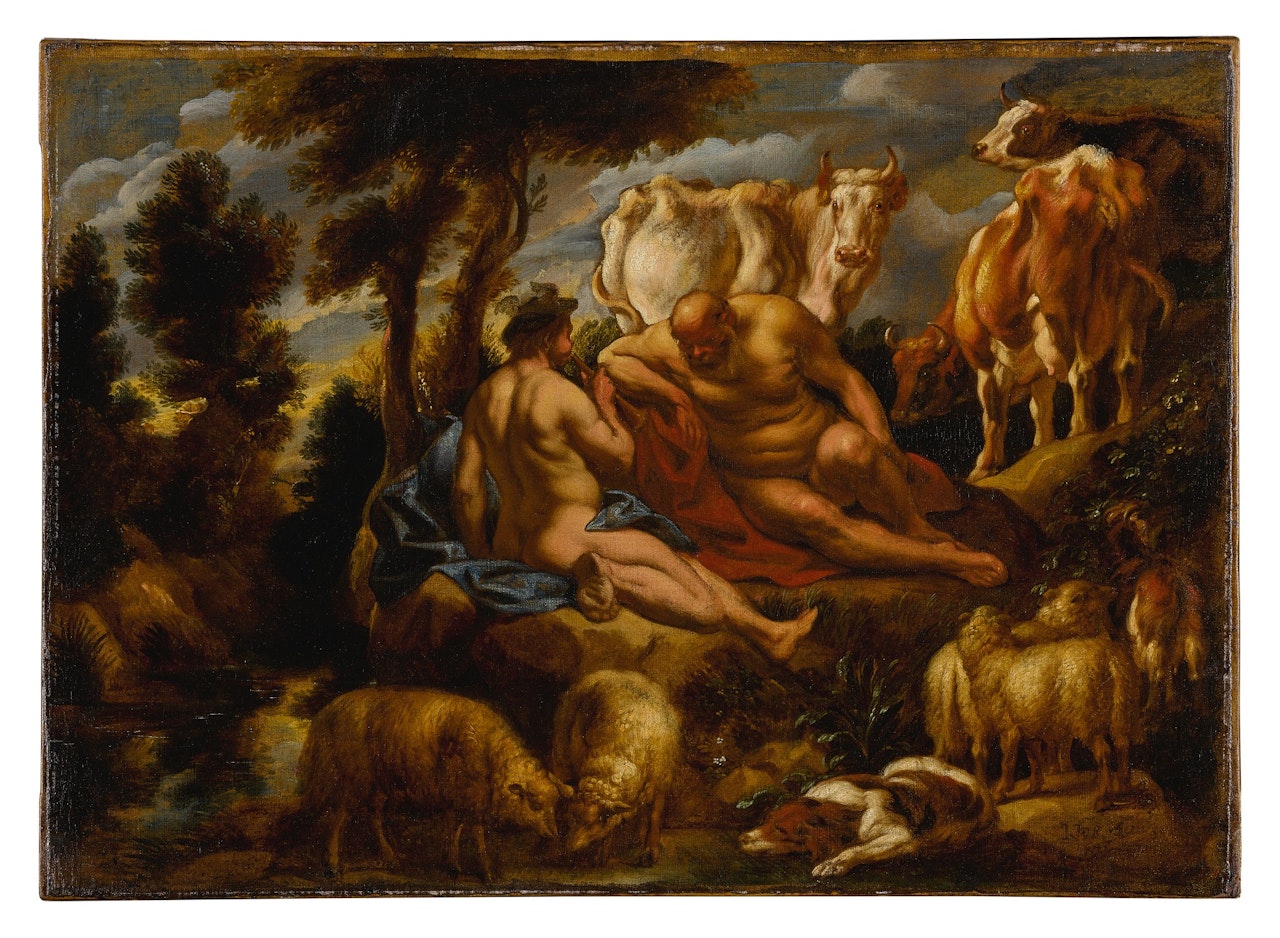 Mercury playing Argus to sleep with his flute, with Io transformed into a white heifer by Jacob Jordaens