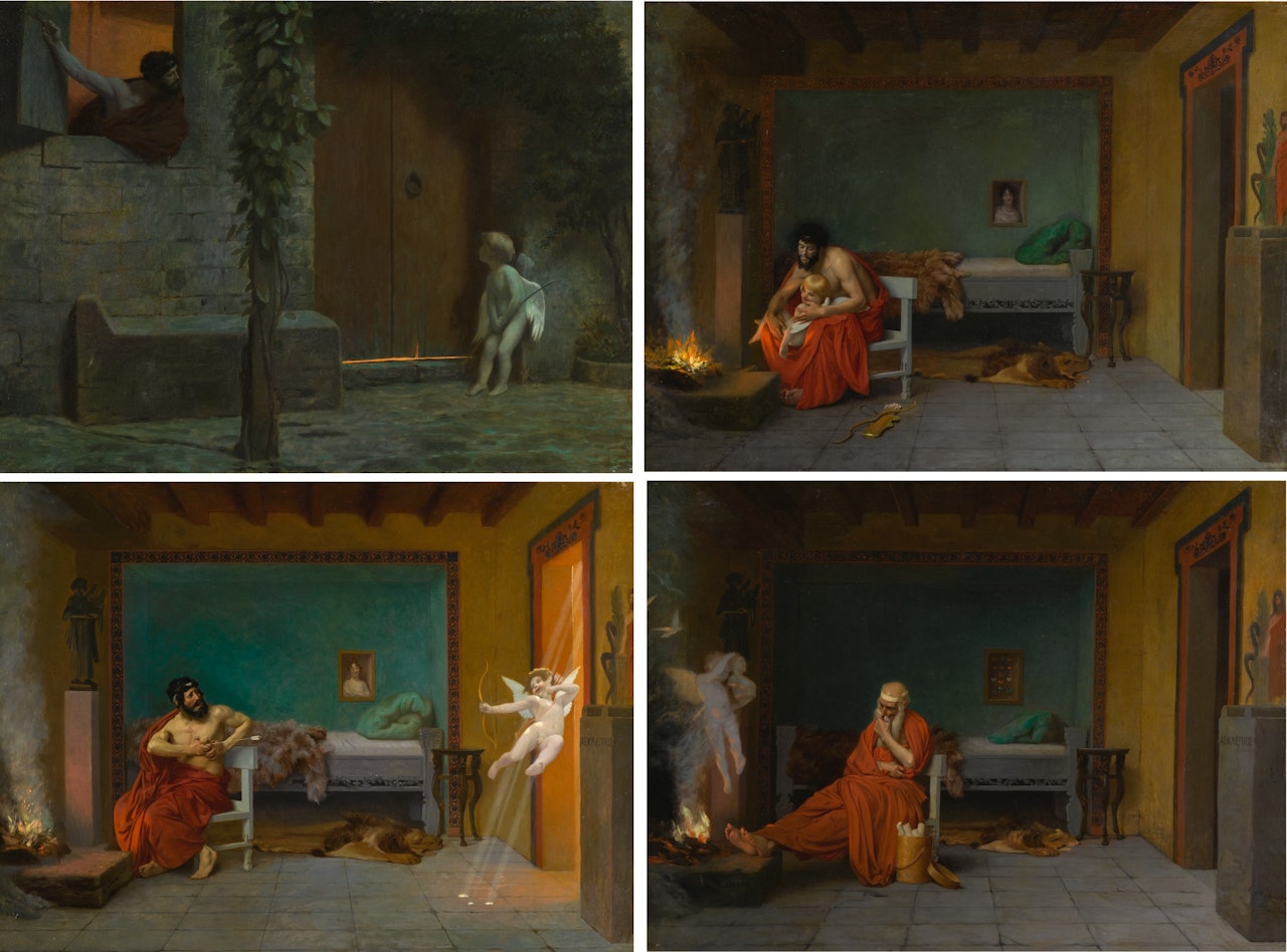The Story of Anacreon (Four Works): Cupid at the Door in a Rainstorm; Young Love's Shivering Limbs the Embers Warm; Cupid Runs out the Door; The Poet Dreams of Cupid by the Fire  by Jean Léon Gérome