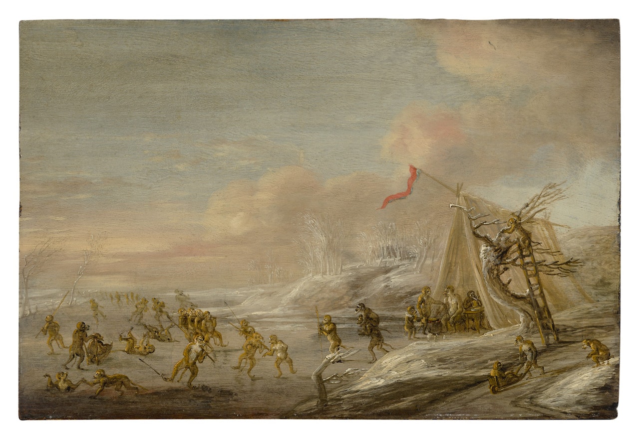 Monkeys skating on a frozen pond by Dutch School