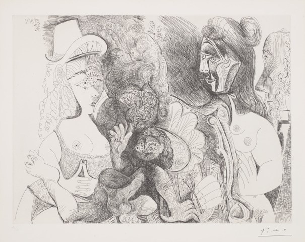 La Fête de la patronne, avec un amour ithyphallique. Degas au nez rouge (The Patron Saint's Day, with Phallic Love. Degas with the Red Nose), plate 114 from Séries 156 (Bl. 1970; Ba. 1979) by Pablo Picasso