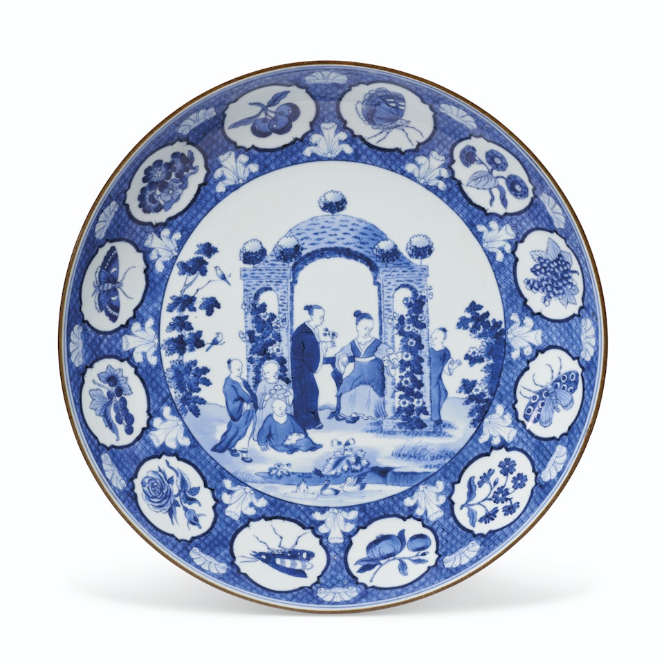 A BLUE AND WHITE 'PRONK ARBOR' SAUCER DISH by Anonymous