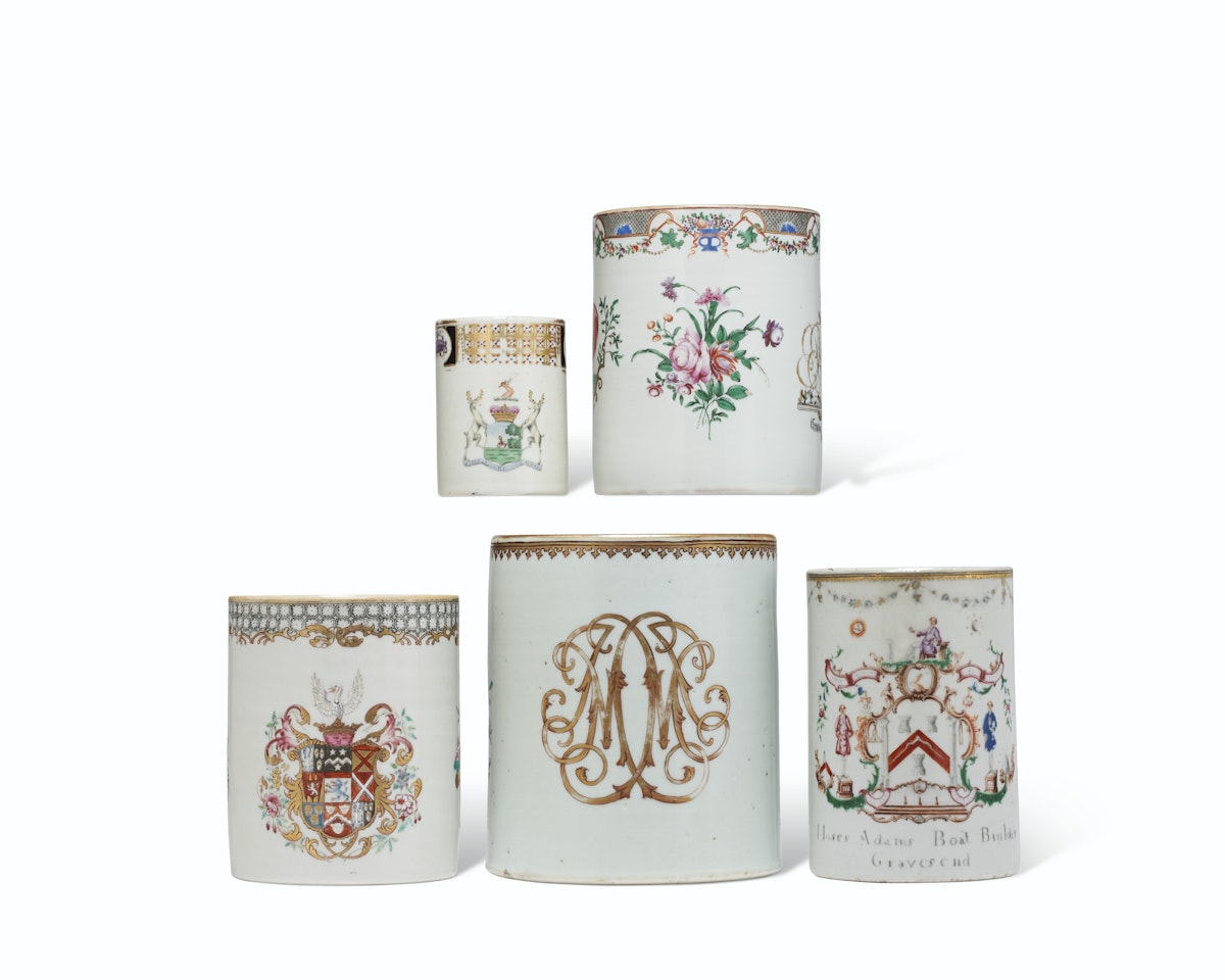 FOUR ARMORIAL MUGS AND AN INITIALED MUG by Anonymous