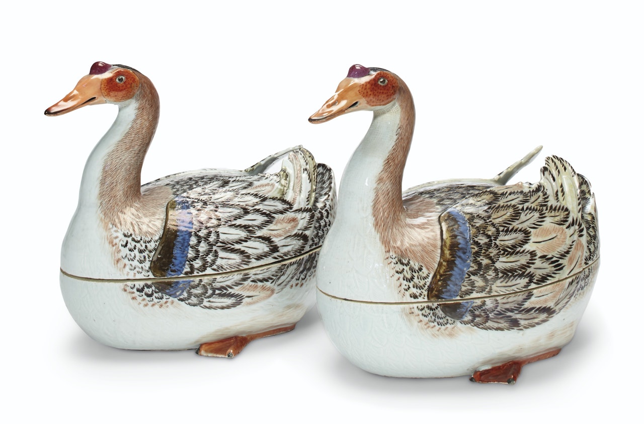 A RARE PAIR OF GOOSE TUREENS AND COVERS by Anonymous