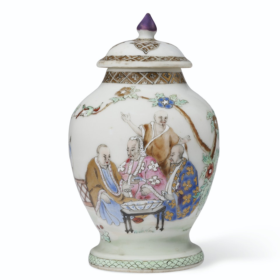 A RARE FAMILLE ROSE 'PRONK DOCTORS' TEA CADDY AND COVER by Anonymous