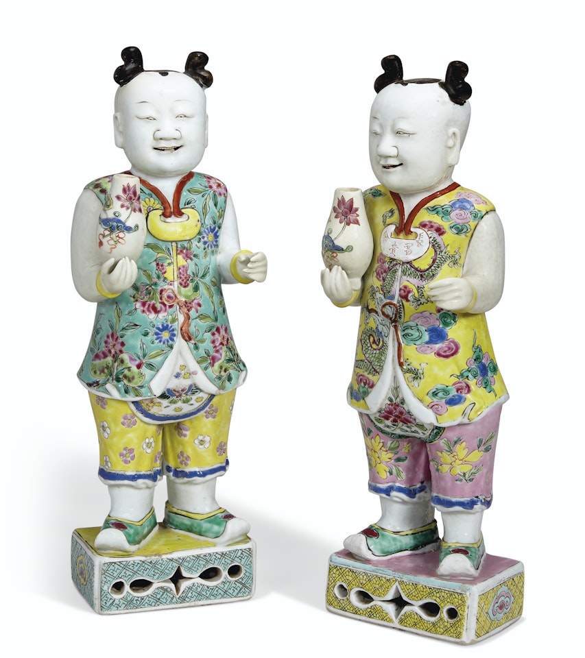 A LARGE PAIR OF FAMILLE ROSE LAUGHING BOYS by Anonymous