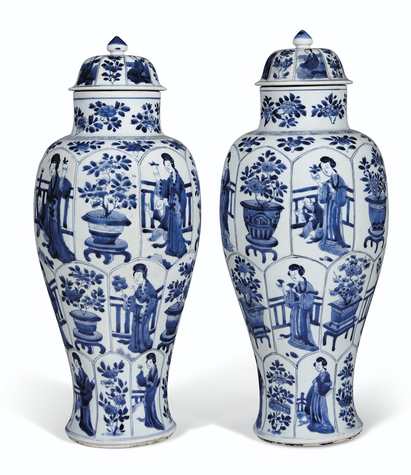 A LARGE PAIR OF BLUE AND WHITE BALUSTER VASES AND COVERS by Anonymous