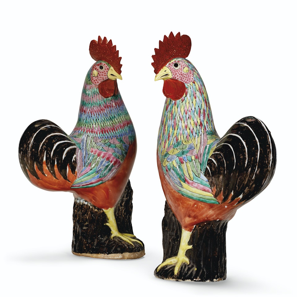 A PAIR OF FAMILLE ROSE ROOSTERS by Anonymous