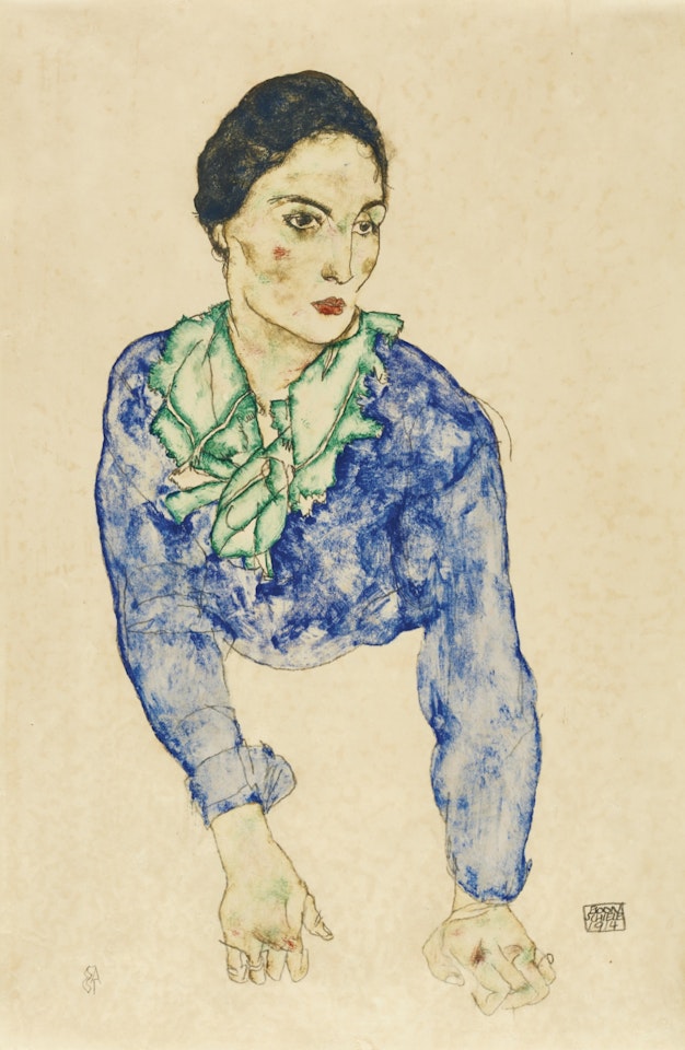FRAUENBILDNIS MIT BLAUEM UND GRÜNEM HALSTUCH (PORTRAIT OF A WOMAN WITH BLUE AND GREEN SCARF) by Egon Schiele