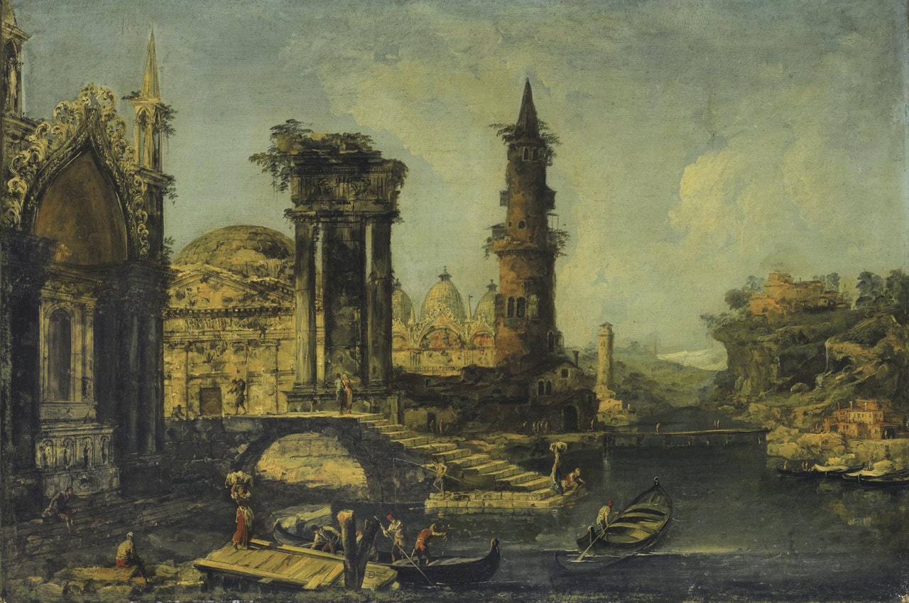 A CAPRICCIO OF AN IMAGINED CITYSCAPE WITH SAINT MARK'S BASILICA AND RUINS ON THE BANKS OF A RIVER by Michele Marieschi