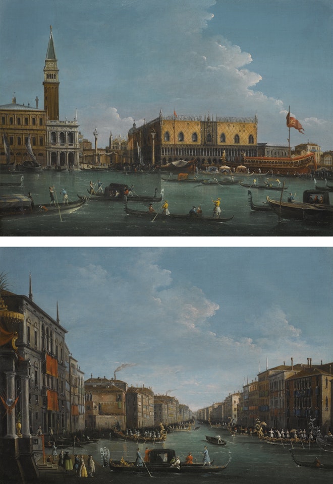 VENICE, A VIEW OF THE MOLO FROM THE BACINO DI SAN MARCO; VENICE, A VIEW OF THE GRAND CANAL FROM THE PALAZZO BALBI FACING THE RIALTO BRIDGE WITH A REGATTA by Giuseppe Bernardino Bison