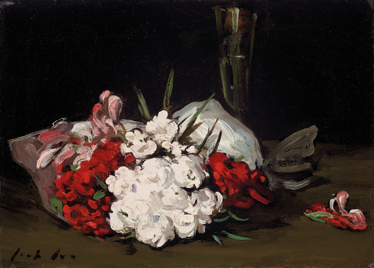 Bouquet of red and white flowers with a champagne glass by Samuel John Peploe