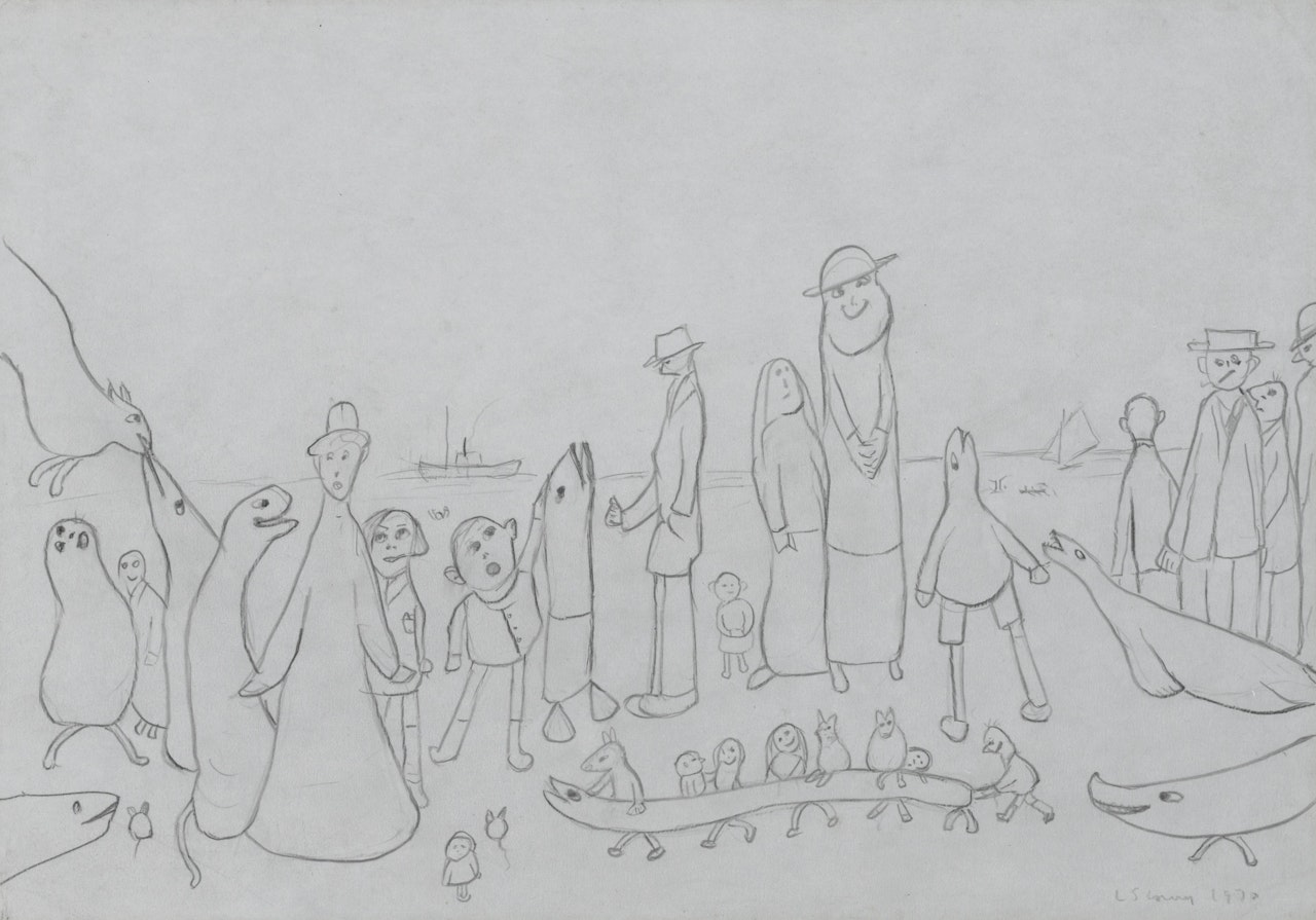 Group of fantasy figures by the seashore by Laurence Stephen Lowry