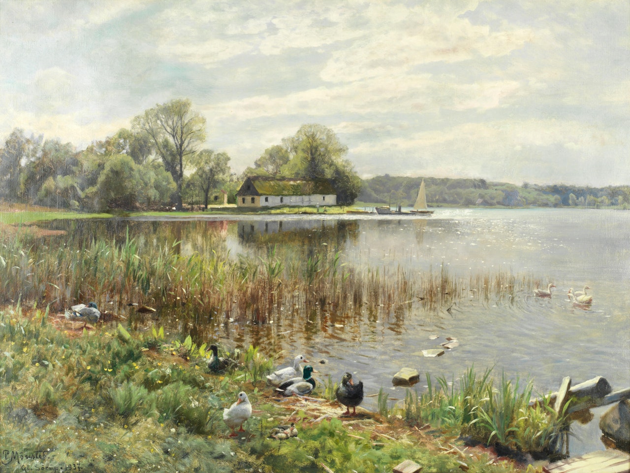 Ducks at the water's edge by Peder Mork Monsted
