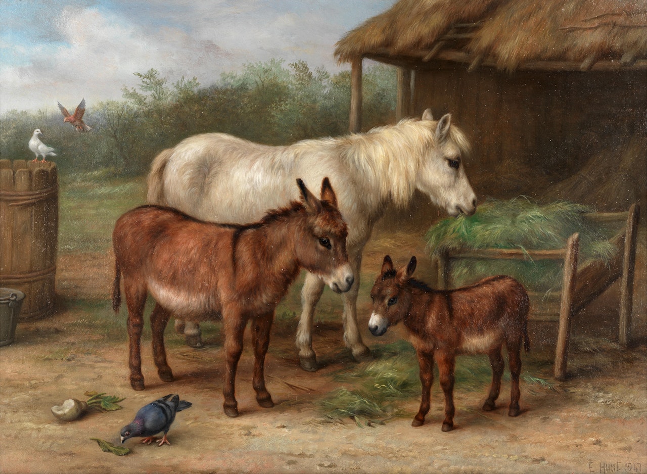 Feeding time in the stable yard by Edgar Hunt