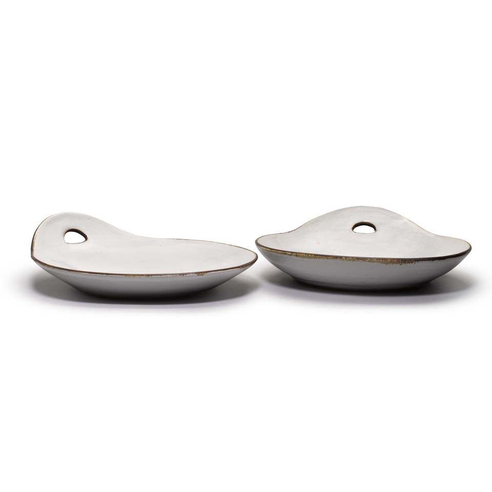 Two Large Plates with Side Handles by Lucie Rie