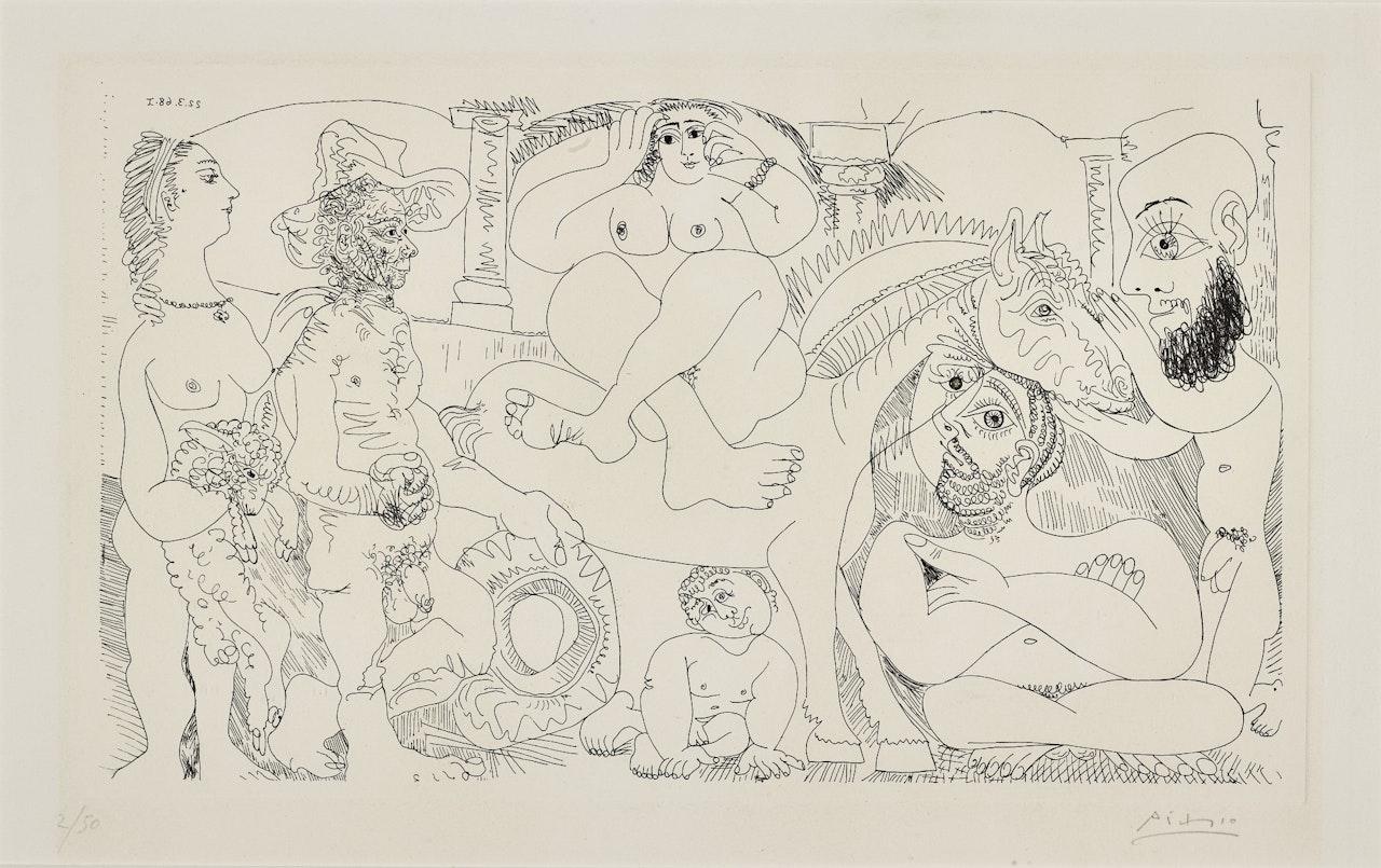 Groupe avec femme à l'agneau, odalisque-écuyère et autoportrait en garagiste (B. 1483; Ba. 1498) by Pablo Picasso