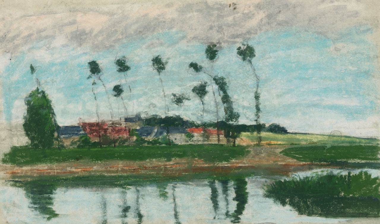 Village au bord d'un étang by Camille Pissarro
