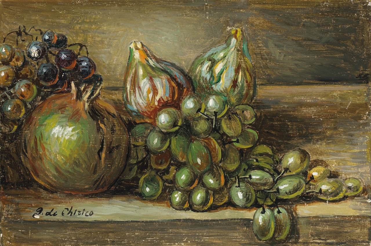 Vita silente di frutta su un tavolo by Giorgio de Chirico