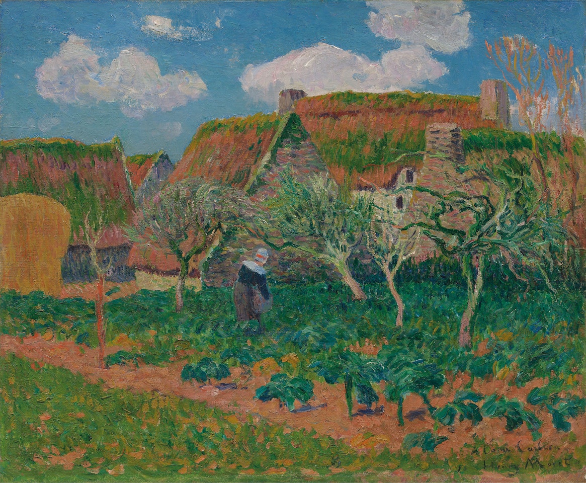 Bretonne jardinant près des chaumières by Henry Moret