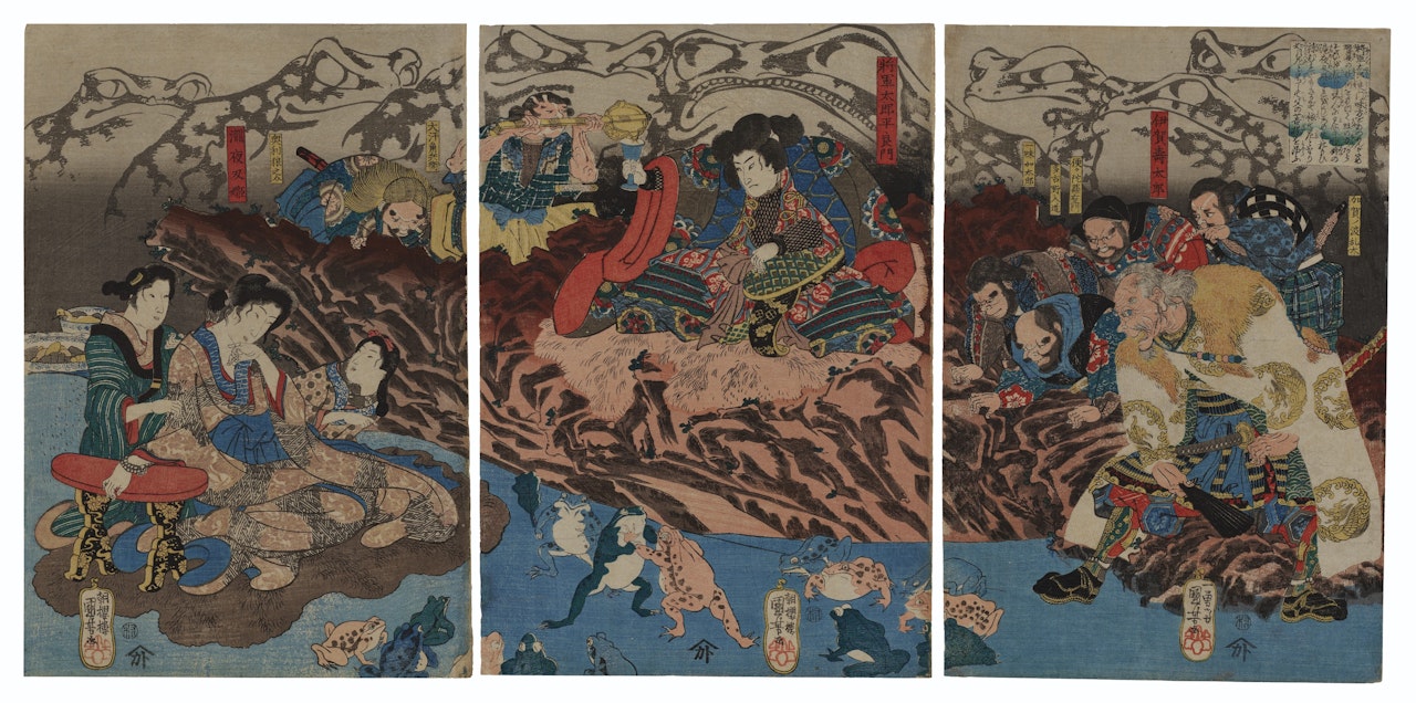 Taira no Yoshikado, Iga Jutaro and Takiyasha-hime watching a battle of frogs by Utagawa Kuniyoshi