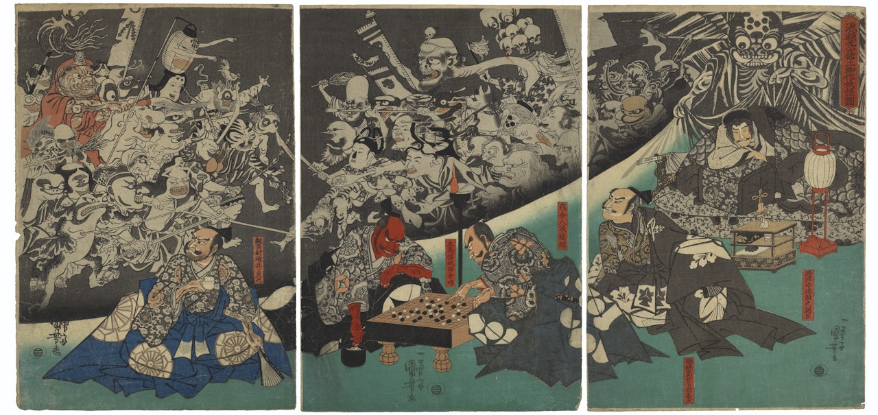 Minamoto no Yorimitsu kokan tsuchigumo saku yokai zu (Minamoto no Yorimitsu ill in bed, haunted by the earth-spider and his demons) by Utagawa Kuniyoshi