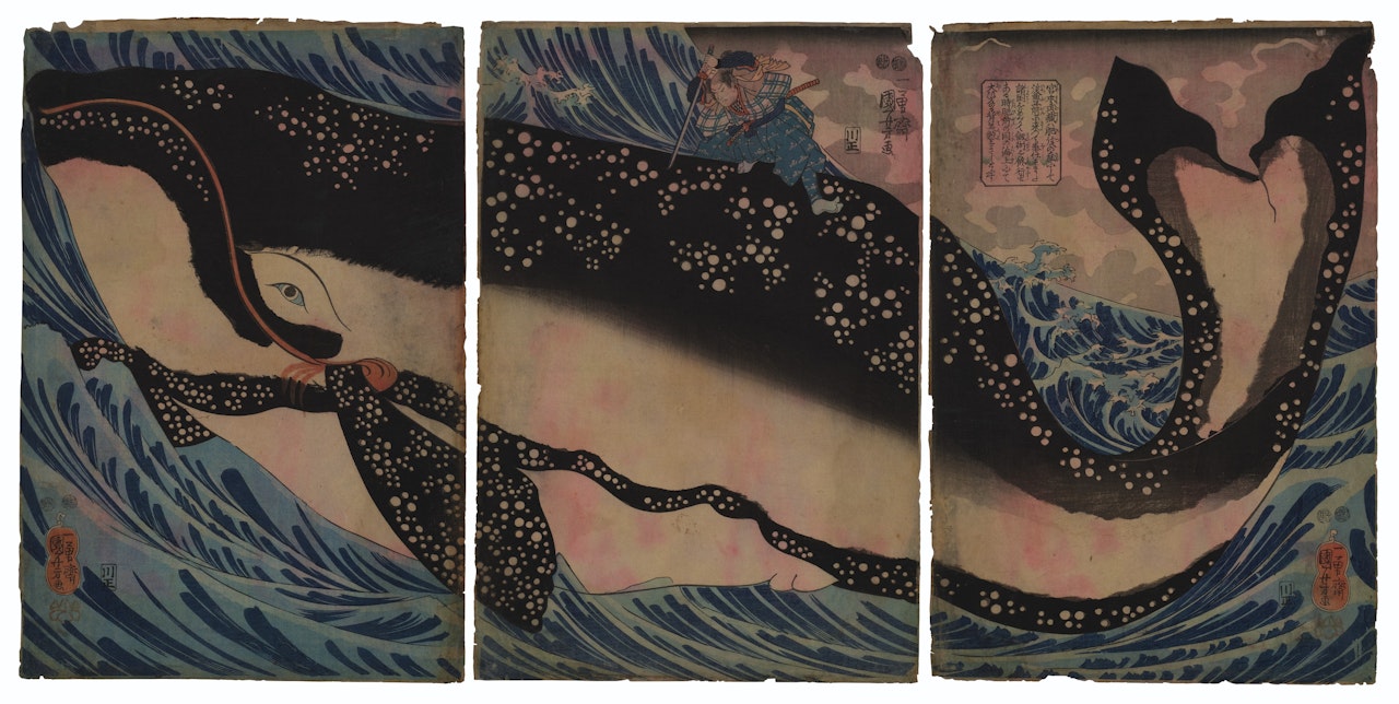 Miyamoto no Musashi attacking the giant whale by Utagawa Kuniyoshi
