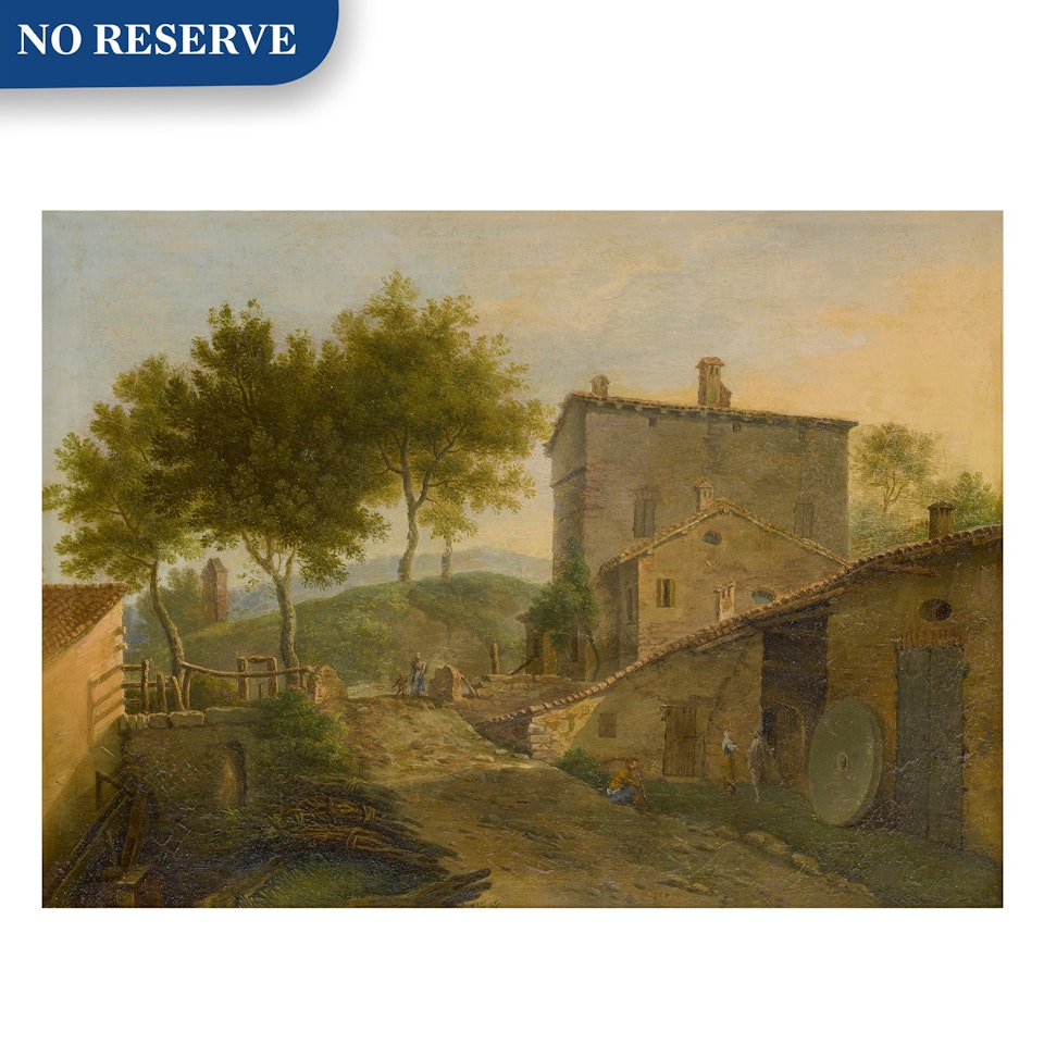 Village landscape with a mill and various figures by Roman School