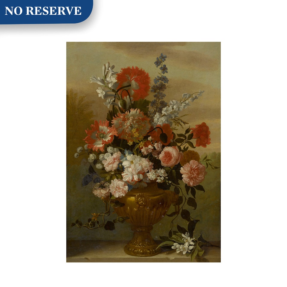 Still life of flowers in a vase, upon a stone ledge by English School
