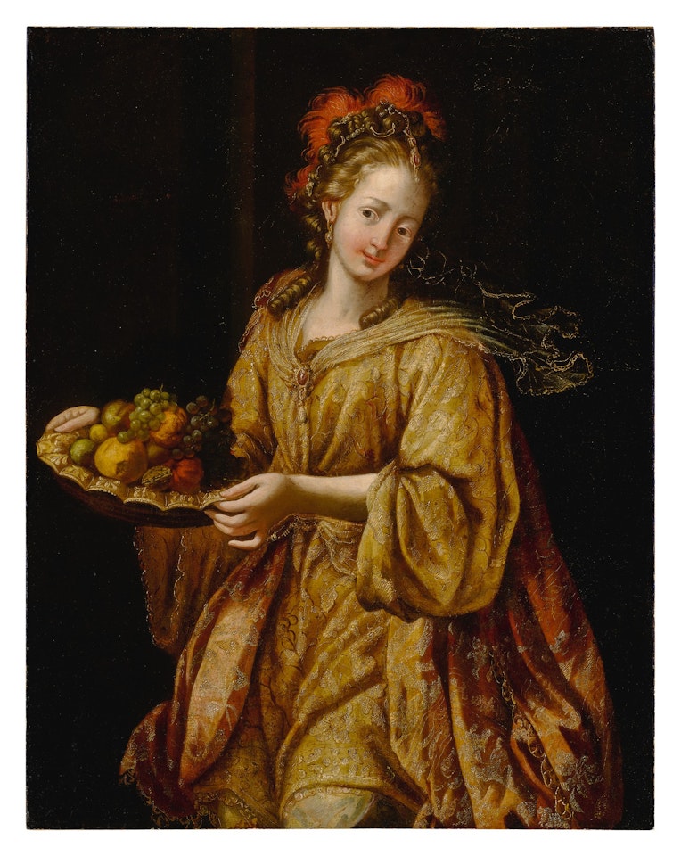 An elegant woman holding a tray of fruit by French School