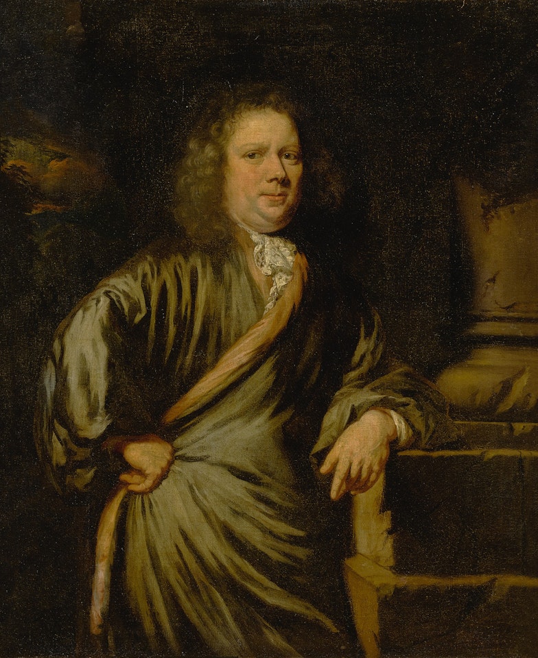Portrait of a gentleman, in a grey cloak, resting his left arm on the base of a column by Nicolaes Maes