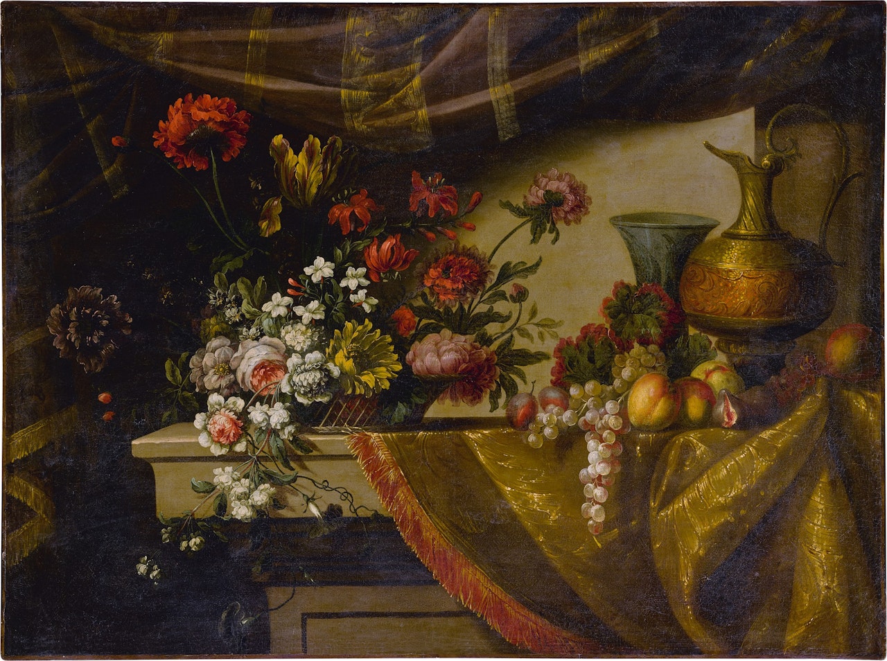 Still llfe of fruit, a basket of flowers, an ewer and vase, all on a table draped with fabric by French School