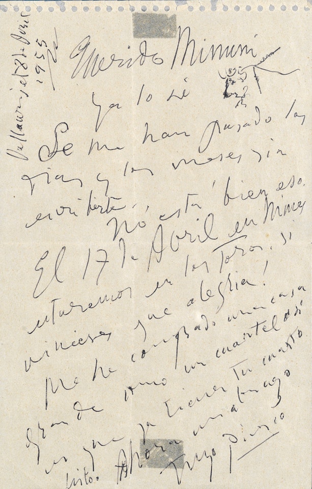 Autograph letter signed ("Ahora un abrazo/ Tuyo Picasso"), to his friend the bullfighter 'El Minuni' ("Querido Minuni"), by Pablo Picasso