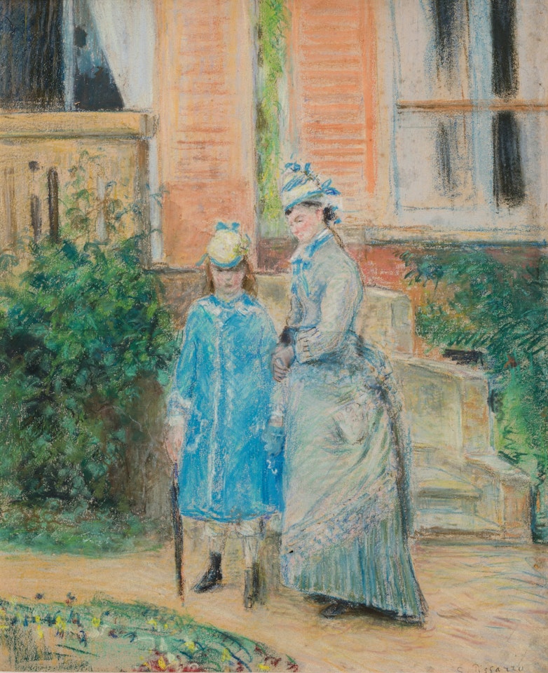 Deux jeunes filles dans un jardin, devant un perron by Camille Pissarro