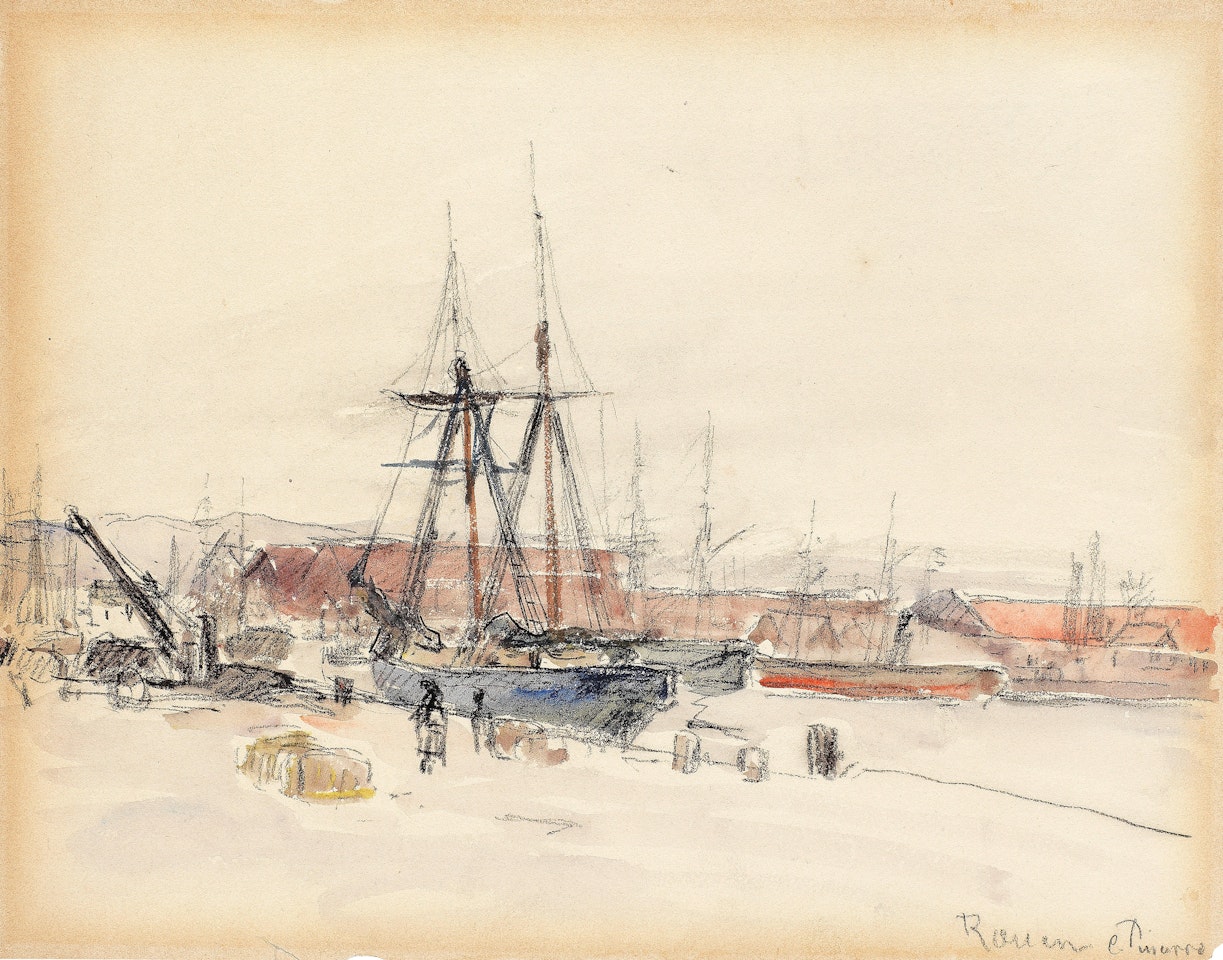 Rouen, bateaux à quai sur la Seine by Camille Pissarro