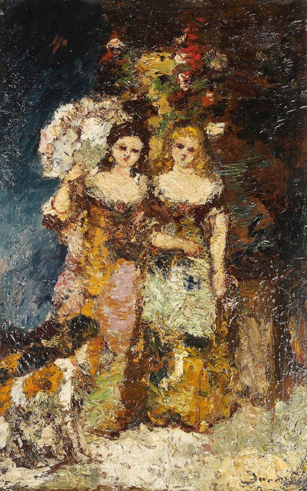Deux courtisanes dans un parc avec leurs chiens by Adolphe Monticelli
