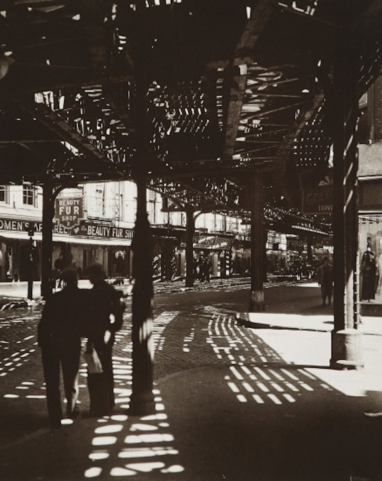 'El,' Second and Third Avenue Lines: Bowery and Division Street, Manhattan by Berenice Abbott