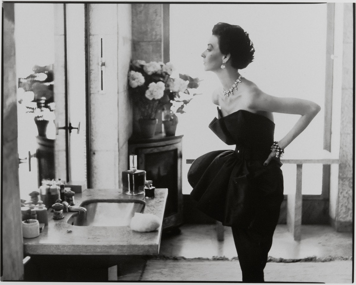 Dorian Leigh,  Evening Dress by Piguet,  Helena Rubenstein Apartment,  Île Saint Louis,  Paris by Richard Avedon