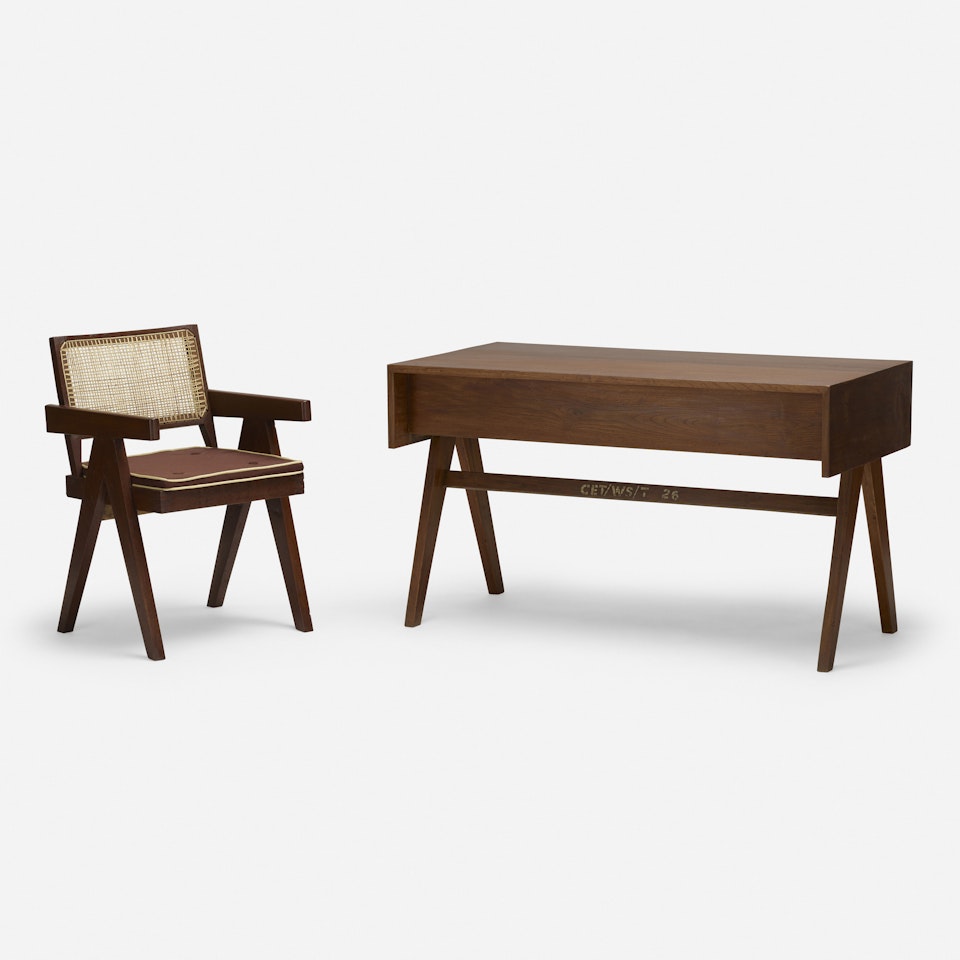 Desk and Office Cane chair  from Chandigarh by Pierre Jeanneret