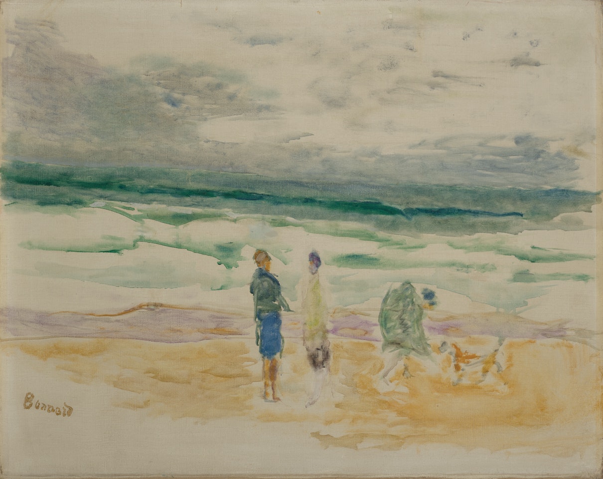 La plage, Trois personnages et un chien by Pierre Bonnard