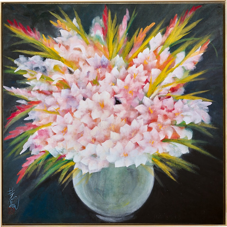 Blooming pink gladioli by Lin Fengmian