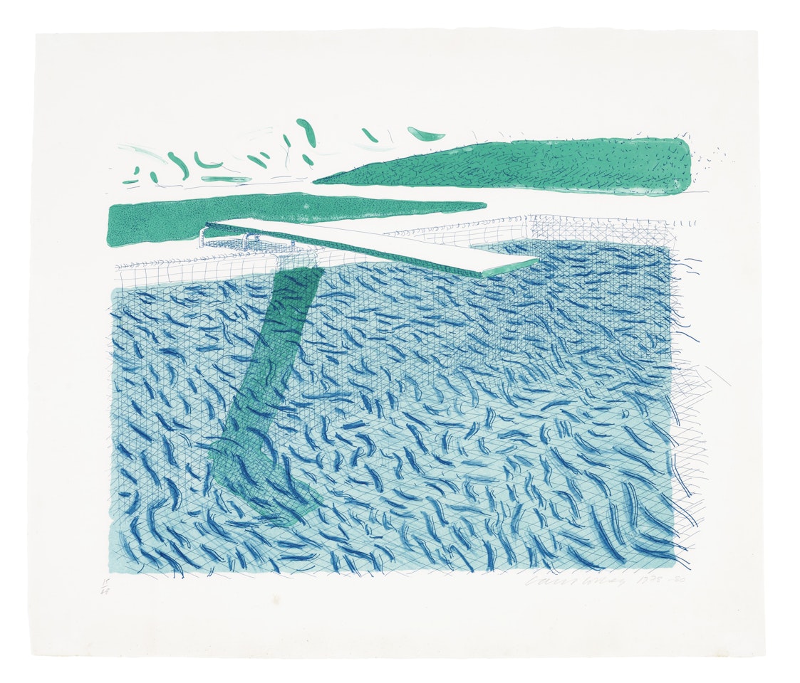 Lithographic Water made of lines, crayon, and a blue wash by David Hockney
