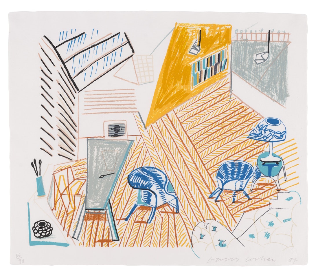 Pembroke Studio with Blue Chairs and Lamp, from Moving Focus by David Hockney